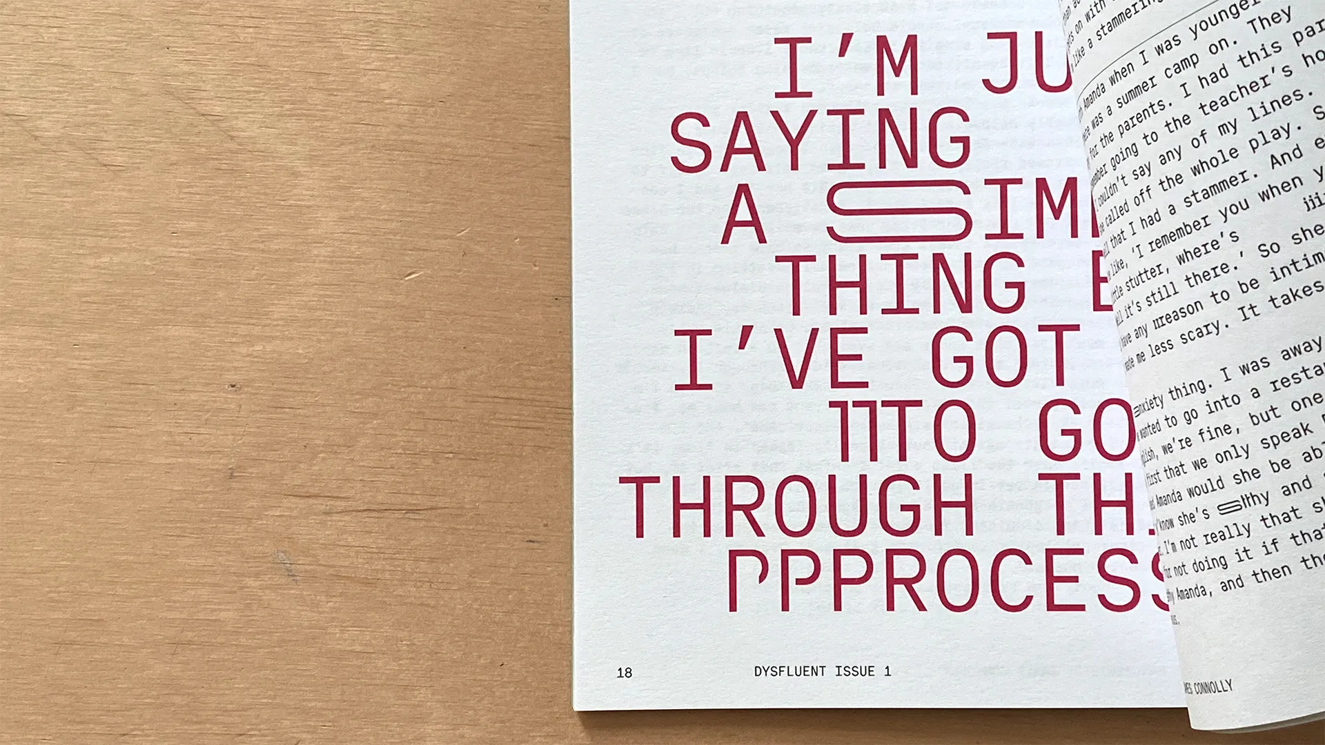 A close up of a page of Dysfluent Issue 1, showing the stretched and repeated letterforms of Dysfluent Mono.