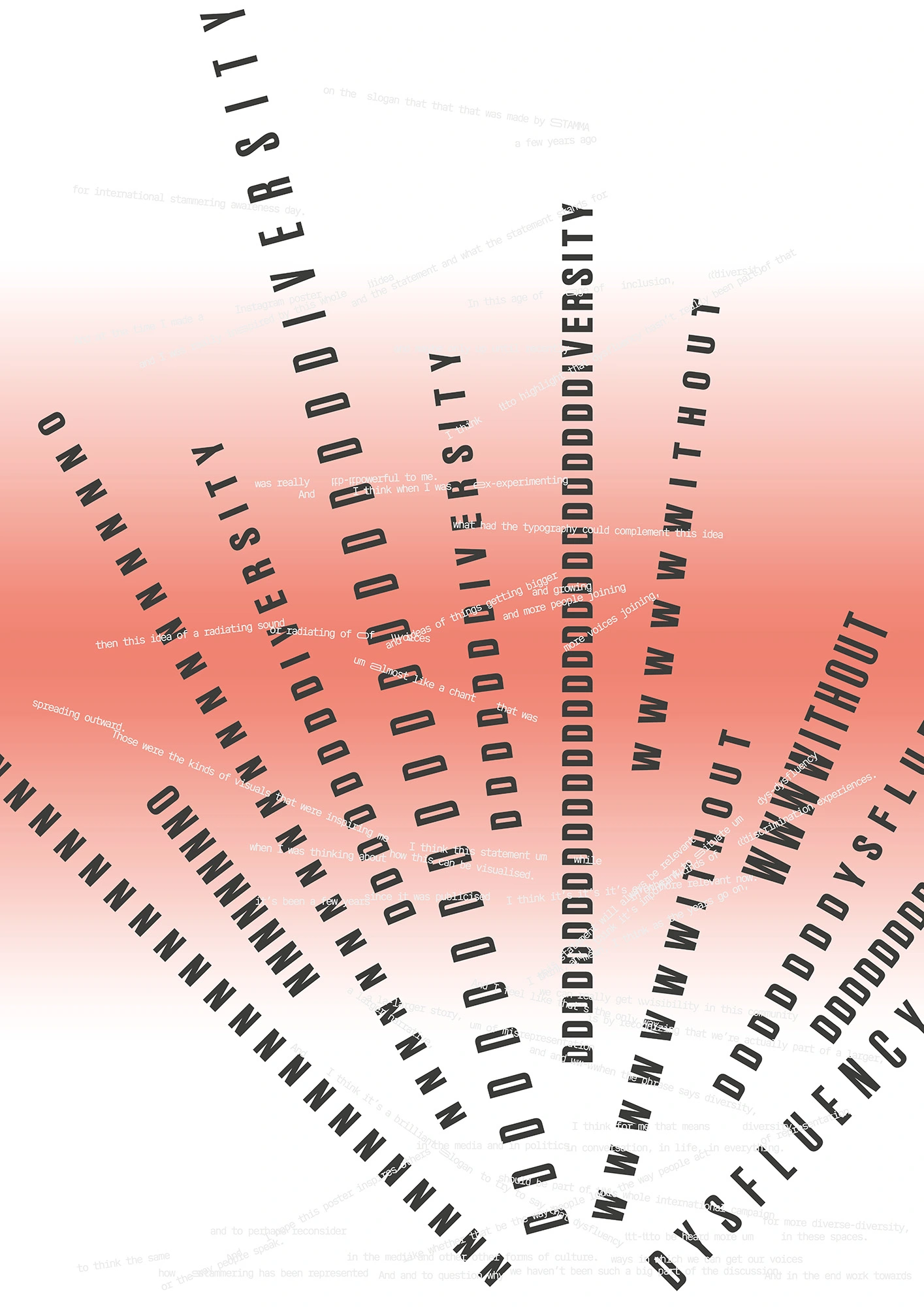 A poster featuring a red and white gradient and a flurry of black typography, reading ‘No Diversity Without Dysfluency.’