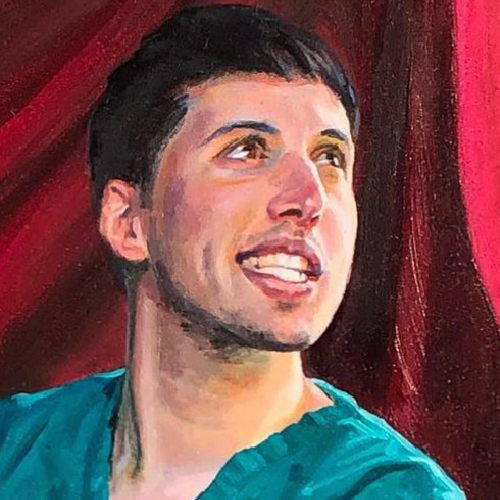 A portrait of Ramdeep Romann: this is a painted portrait, by Paul Aston, of Ramdeep in his doctor's scrubs, looking upwards with a smile.